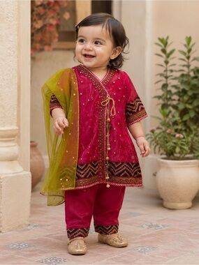 Bonanza Satrangi Girls' Pink Embroidered Formal Dress with Green Dupatta
